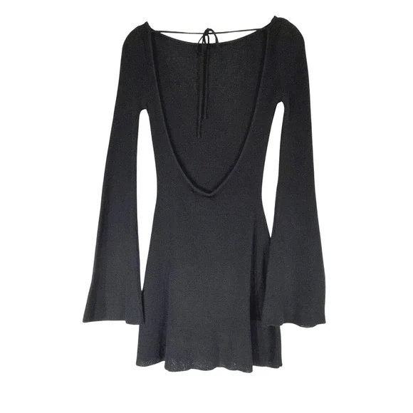 Meshki Zahra Open Back Mini Mesh Knit Dress Semi Sheer XS Black Bell Sleeve NWT - Picture 3 of 14